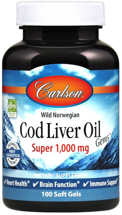 Carlson Labs Wild Norwegian Cod Liver Oil 1000 mg 100 kapsulių