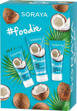 SORAYA Foodie kojų šveitiklis natūraliai šveičiantis Kokosas 75ml + drėkinamasis kūno losjonas Kokosas 200ml + itin drėkinamasis rankų kremas Kokosas 75ml