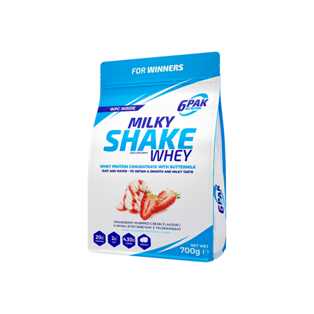 6PAK Milky Shake Whey 700g WPC baltymas su braškių grietinėlės skoniu