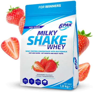 6PAK Milky Shake Whey 700g WPC baltymų su braškių skoniu