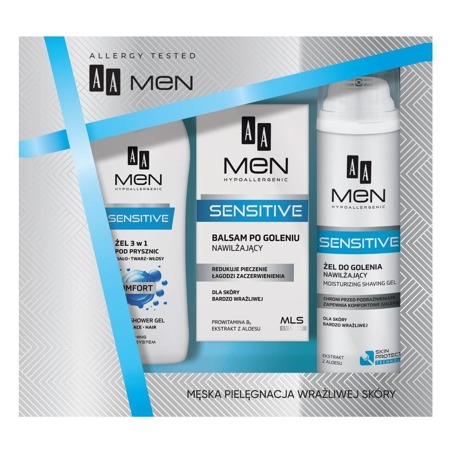 AA Men Sensitive rinkinys drėkinamasis skutimosi gelis labai jautriai odai 200ml + drėkinamasis balzamas po skutimosi labai jautriai odai 100ml + dušo želė 3in1 Comfort 400ml