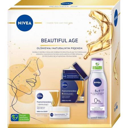 Beautiful Age rinkinys atgaivinantis dieninis kremas nuo raukšlių 55+ 50ml + atgaivinantis naktinis kremas nuo raukšlių 55+ 50ml + micelinis losjonas jautriai ir padidėjusio jautrumo odai 200ml