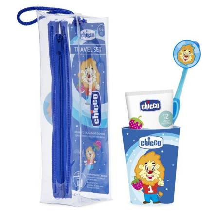 CHICCO_SET Kelioninis rinkinys Dantų pasta + dantų šepetėlis + puodelis + dėklas 3-6l Mėlyna