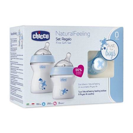 CHICCO_SET NaturalFeeling Maitinimo rinkinys buteliukas 150ml 0m+ + buteliukas 250ml 2m+ + žindukas PhysioForma Comfort 0m+ mėlynas