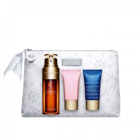 Clarins Dvigubas serumas 50ml + Multi-Active dienos kremas 15ml + Multi-Active naktinis kremas 15ml + maišelis