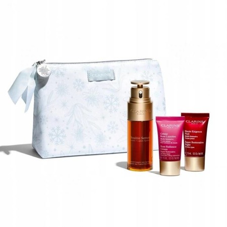 Clarins Dvigubas serumas 50ml + Rožinis spindesio kremas 15ml + Super atstatomasis naktinis kremas 15ml + maišelis