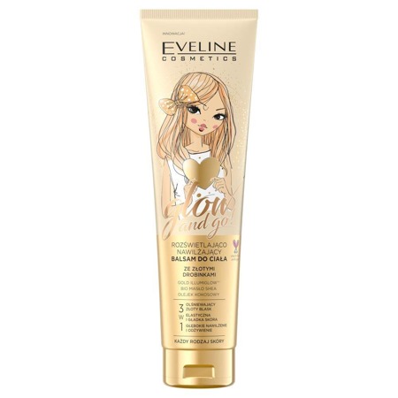 EVELINE Glow and Go! švytintis ir drėkinantis kūno losjonas su auksiniais taškeliais 150ml