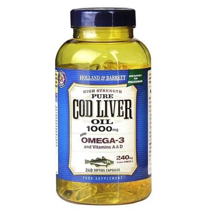 Holland & Barrett Cod Liver Oil 1000mg 240 minkštųjų kapsulių menkių kepenų aliejaus