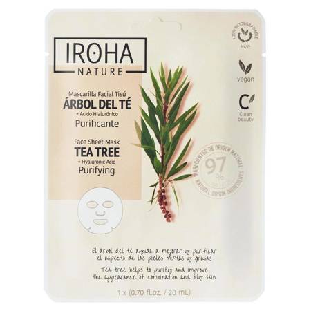 IROHA NATURE_Purifying Face Sheet Mask Tea Tree + Hyaluronic Acid valomoji lakštinė kaukė su arbatmedžiu ir hialurono rūgštimi 20ml