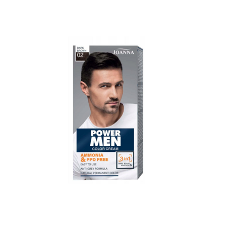 JOANNA Power Men Color Cream 3in1 Plaukai barzda ūsai 02 tamsiai ruda 30g