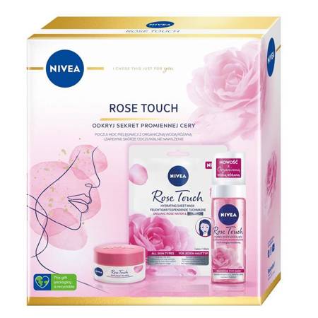 Nivea Rose Touch rinkinys gelinis kremas d50ml + putos 150ml + lakštinė kaukė 1 vnt.