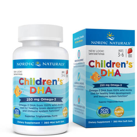 Nordic Naturals Children's DHA 250mg 360 minkštų braškių skonio kapsulių