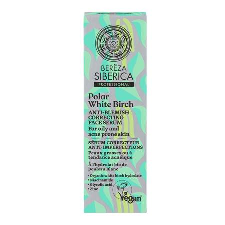 SIBERICA PROFESSIONAL_Bereza Polar White Birch Anti-Blemish Correcting Face Serum veganiškas veido serumas nuo spuogų riebiai ir į aknę linkusiai odai 30ml