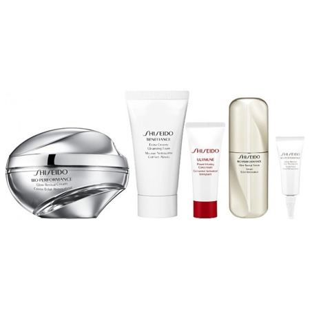 Shiseido Bio-Performance Glow Revival kremas 50ml + Benefiance Extra Creamy valomosios putos 30ml + Ultimune Power Infusing koncentratas 5ml + Bio Perfomance Glow Revival serumas 7ml + Bio Perfomance Glow Revival akių priežiūros priemonė 3ml