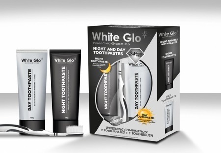 WHITE GLO naktinė ir dieninė balinamoji dantų pasta 65ml + 65ml + dantų šepetėlis